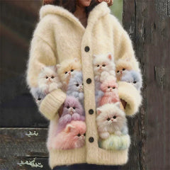 Kelsey - Soft Hoodie Cardigan with Cats - Yellow