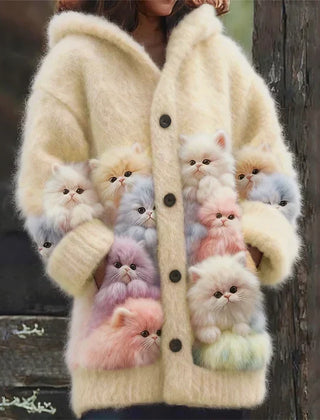 Kelsey - Soft Hoodie Cardigan with Cats - Yellow