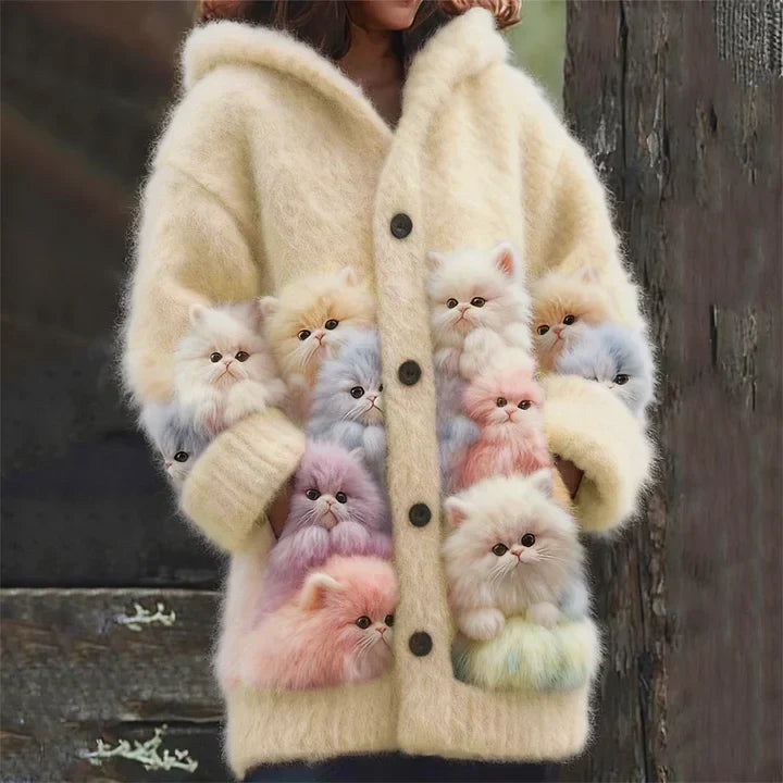 Kelsey - Soft Hoodie Cardigan with Cats - Yellow