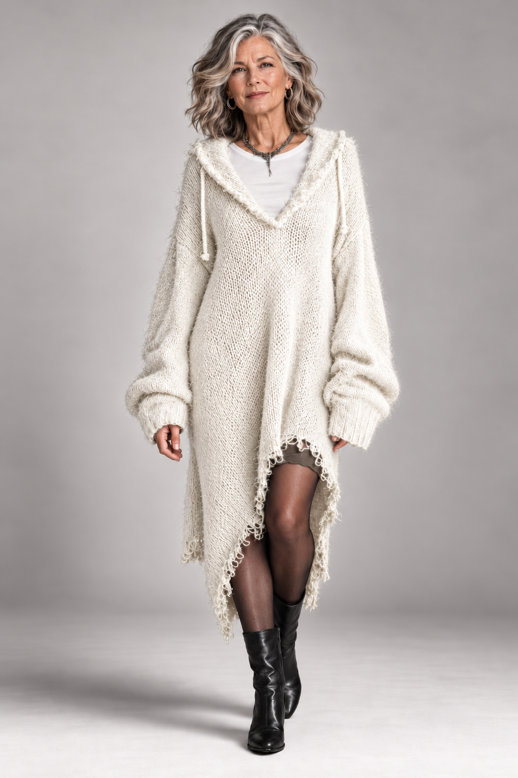 Elena | Fuzzy Knit Hooded Oversized Dress