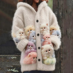 Kelsey - Soft Hoodie Cardigan with Cats - White