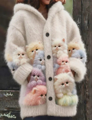 Kelsey - Soft Hoodie Cardigan with Cats - White