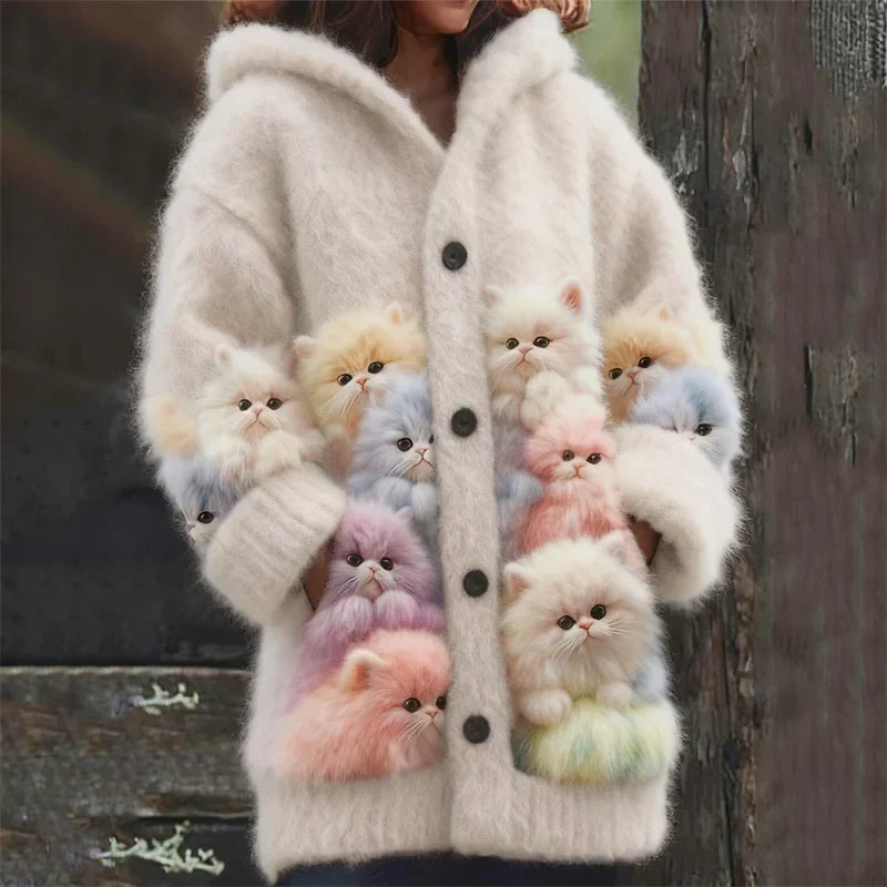 Kelsey - Soft Hoodie Cardigan with Cats - White