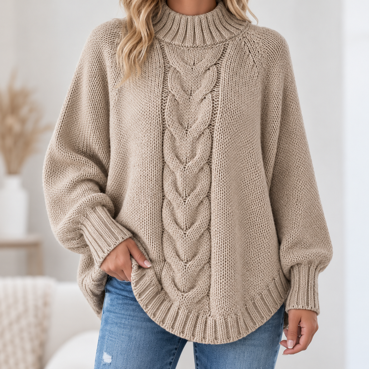 Pamella - Cable Knit Oversized Sweater - Khaki