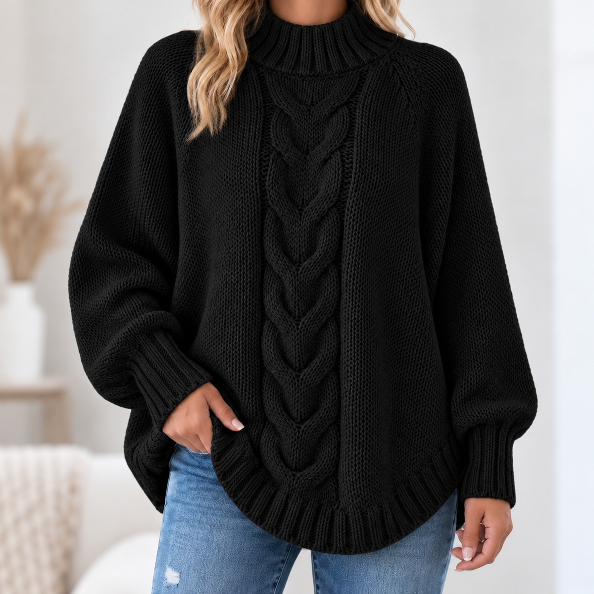 Pamella - Cable Knit Oversized Sweater - Black