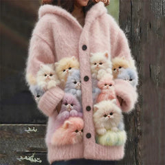 Kelsey - Soft Hoodie Cardigan with Cats - Pink