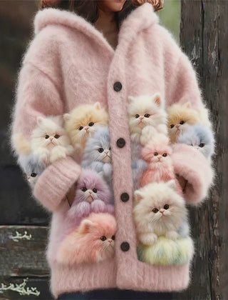 Kelsey - Soft Hoodie Cardigan with Cats - Pink