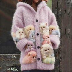Kelsey - Soft Hoodie Cardigan with Cats - Purple