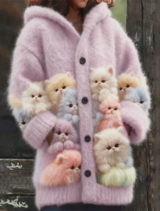 Kelsey - Soft Hoodie Cardigan with Cats - Purple
