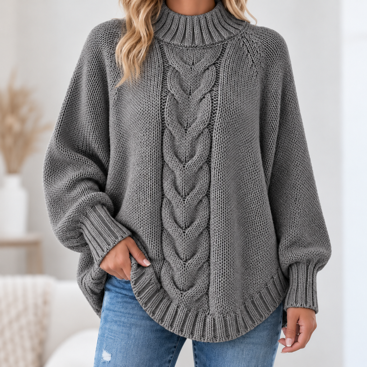 Pamella - Cable Knit Oversized Sweater - Grey