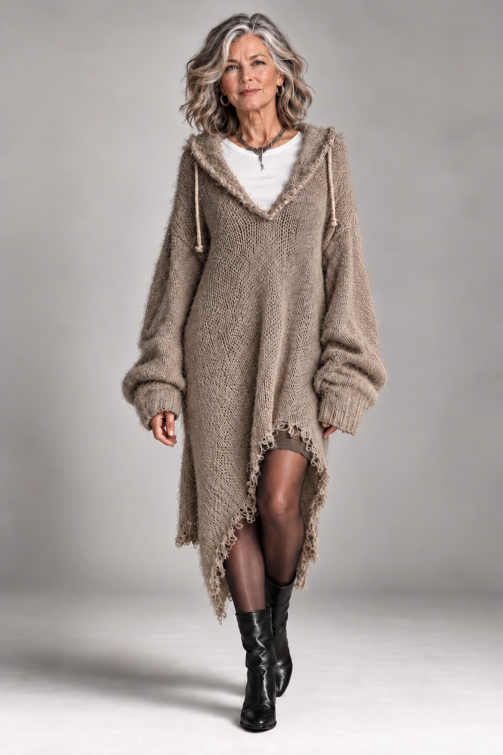 Elena | Fuzzy Knit Hooded Oversized Dress