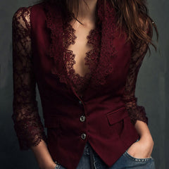 Noémie | Black Blazer Top with Semi-Transparent Sleeves - Burgundy