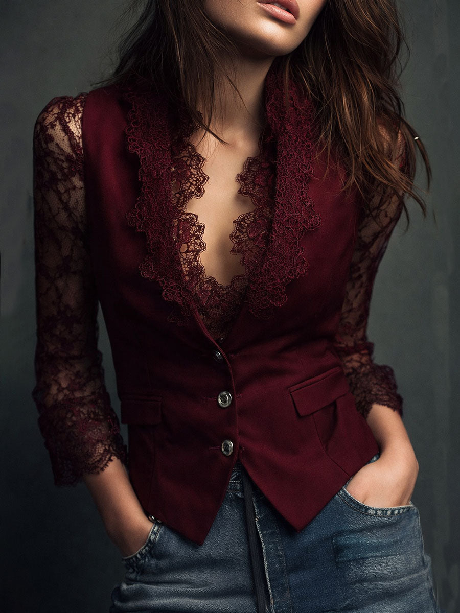 Noémie | Black Blazer Top with Semi-Transparent Sleeves - Burgundy