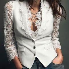 Noémie | Black Blazer Top with Semi-Transparent Sleeves - White