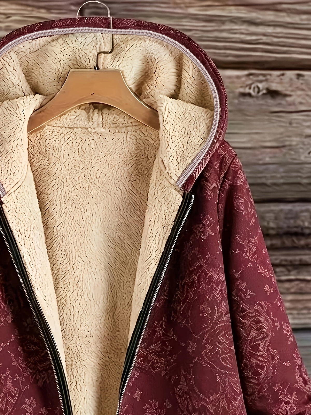 Rosemary | Fleece-Lined Floral Hooded Coat - Burgundy