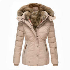 Women's Hooded Insulated Quilted Winter Coat - Beige