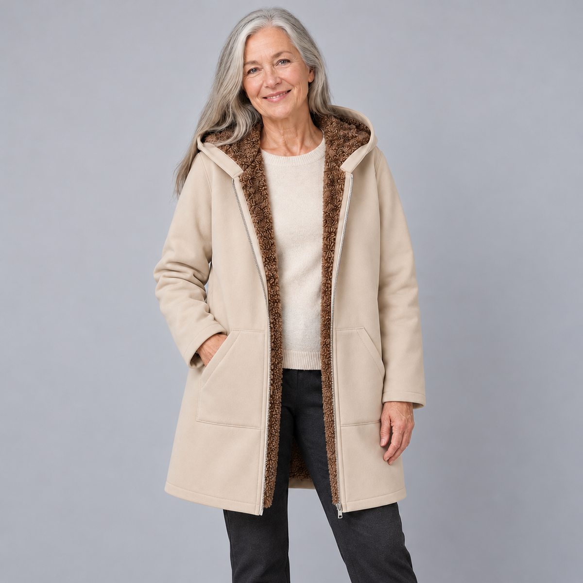 Evelyn | Cozy Lined Hooded Coat - Khaki