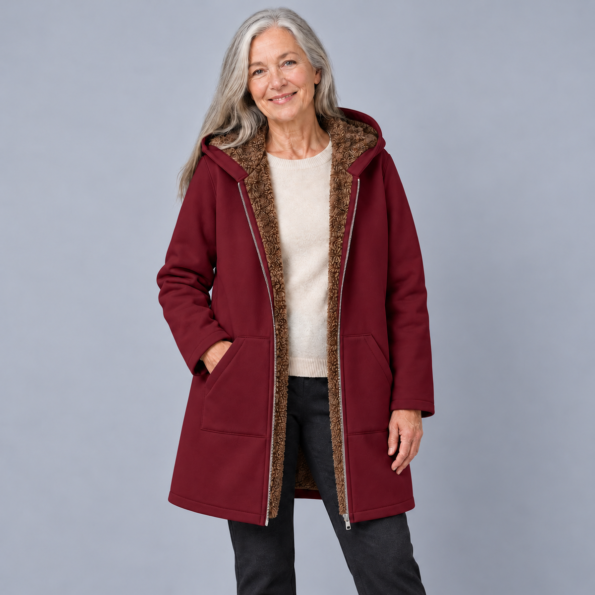 Evelyn | Cozy Lined Hooded Coat - Burgundy