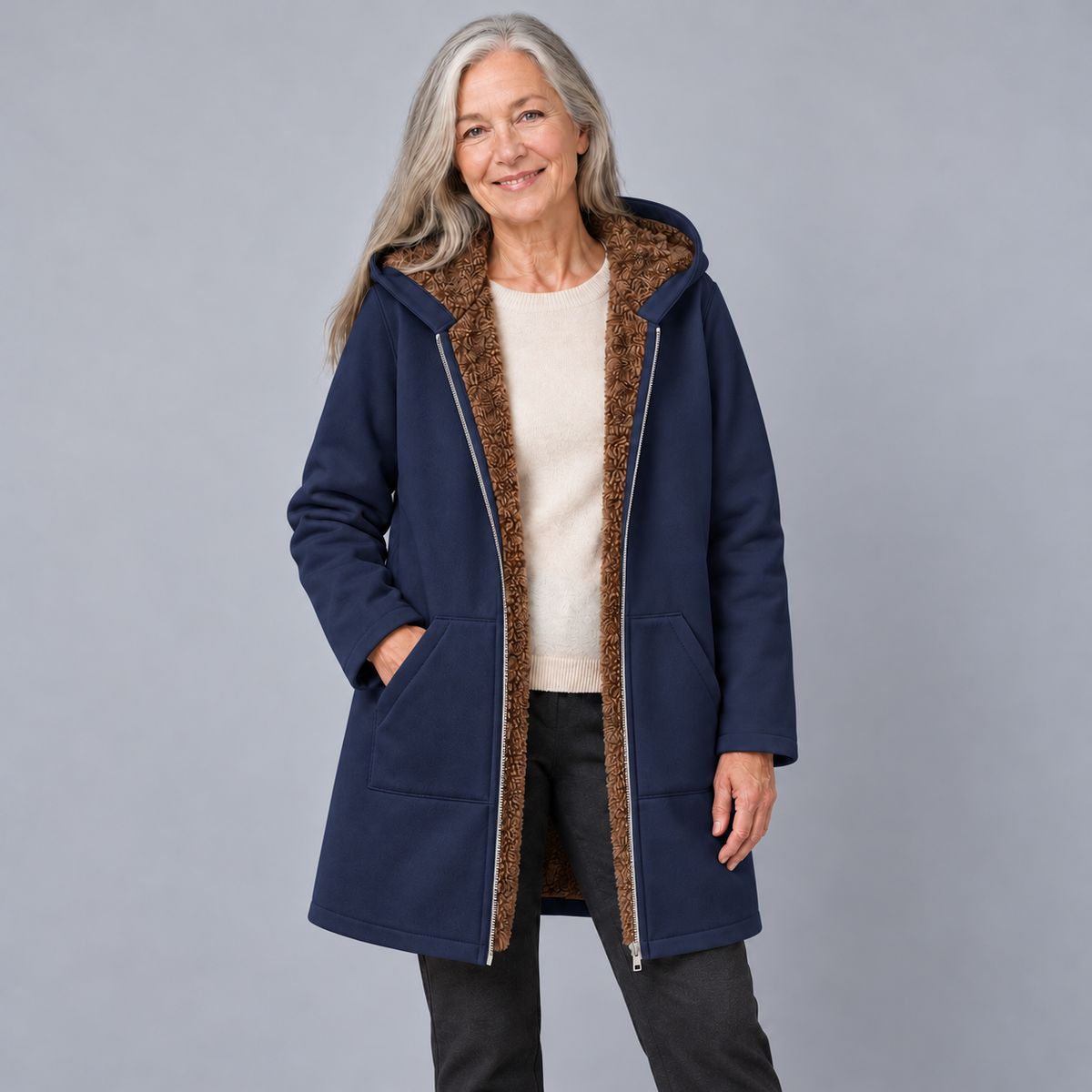 Evelyn | Cozy Lined Hooded Coat - Navy Blue