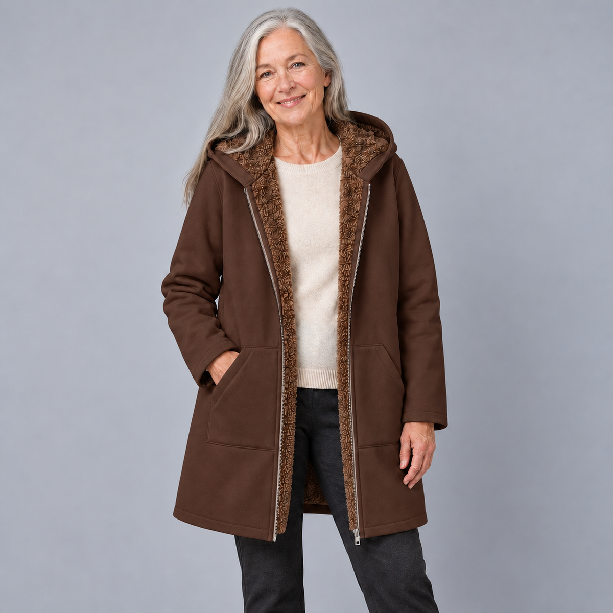 Evelyn | Cozy Lined Hooded Coat - Coffee Brown