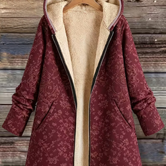 Rosemary | Fleece-Lined Floral Hooded Coat - Burgundy