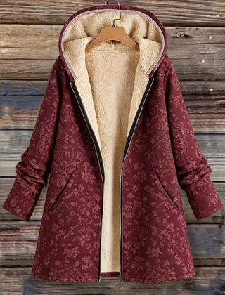 Rosemary | Fleece-Lined Floral Hooded Coat - Burgundy