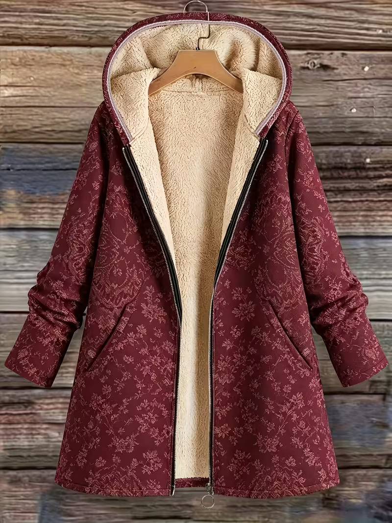 Rosemary | Fleece-Lined Floral Hooded Coat - Burgundy