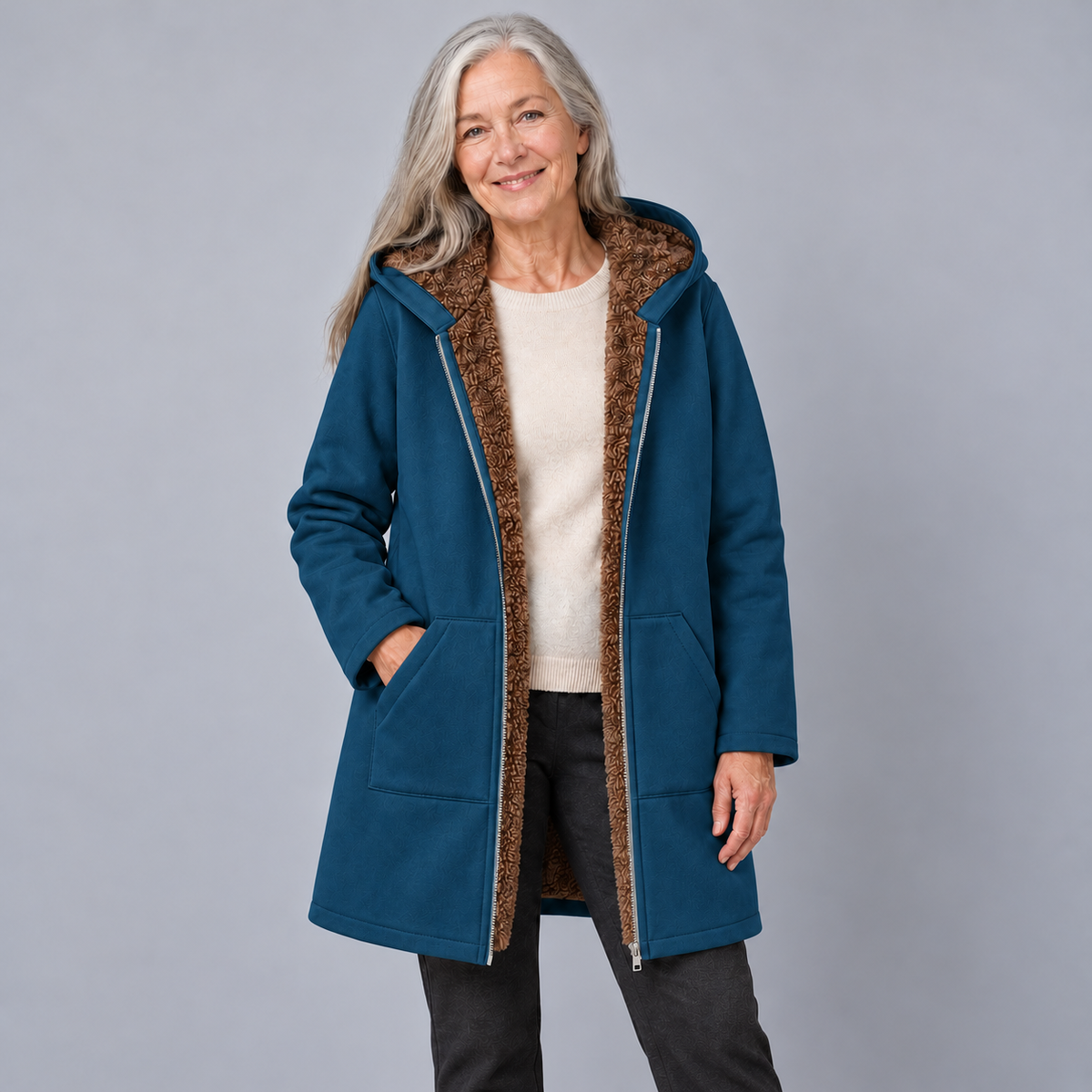 Evelyn | Cozy Lined Hooded Coat - Military Blue