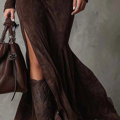 Marsella | Brown Long Dress with Belt - Brown