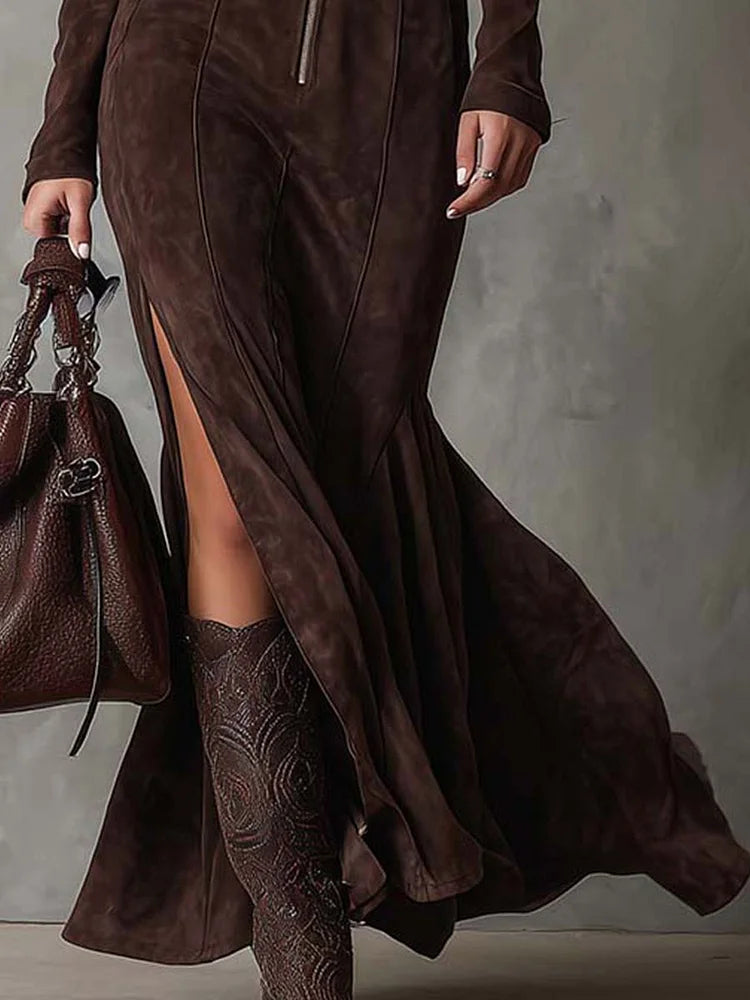 Marsella | Brown Long Dress with Belt - Brown