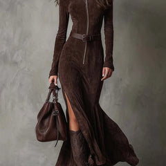 Marsella | Brown Long Dress with Belt - Brown