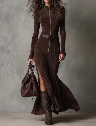Marsella | Brown Long Dress with Belt - Brown