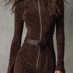 Marsella | Brown Long Dress with Belt - Brown