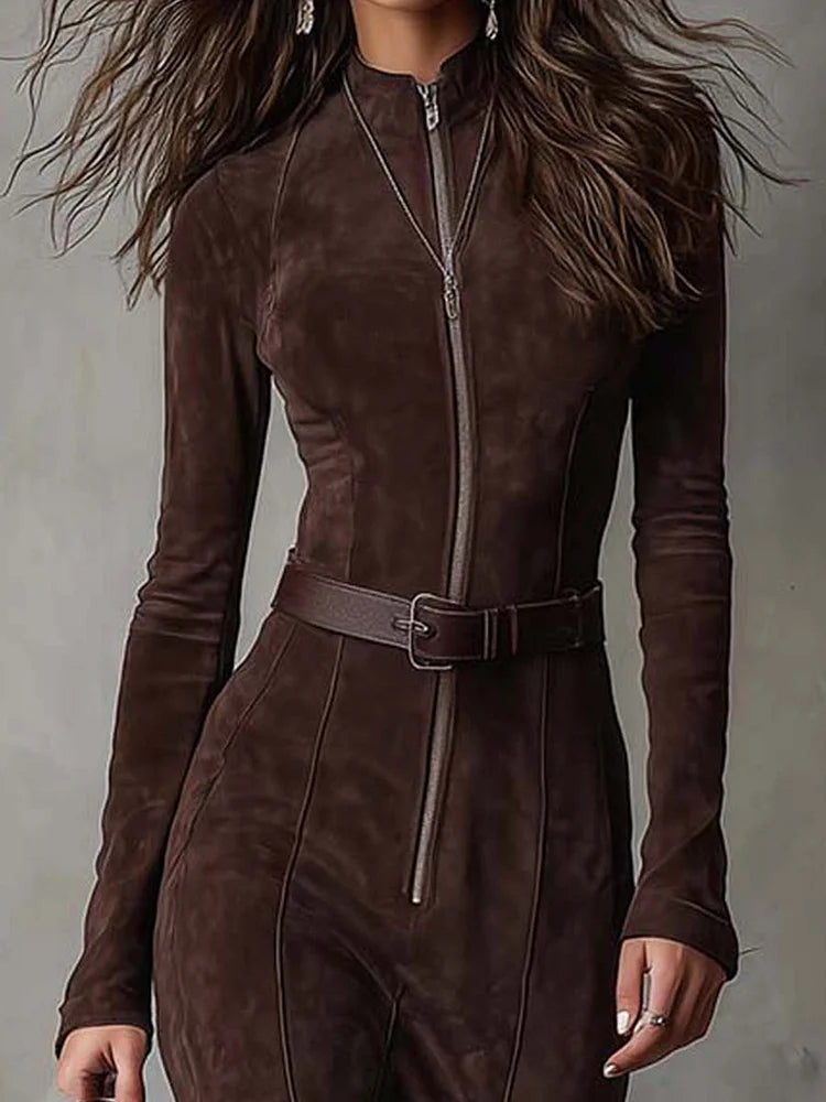 Marsella | Brown Long Dress with Belt - Brown