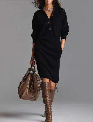 Lacey | Slim Fit Ribbed Collared Midi-Length Sweater Dress - Black