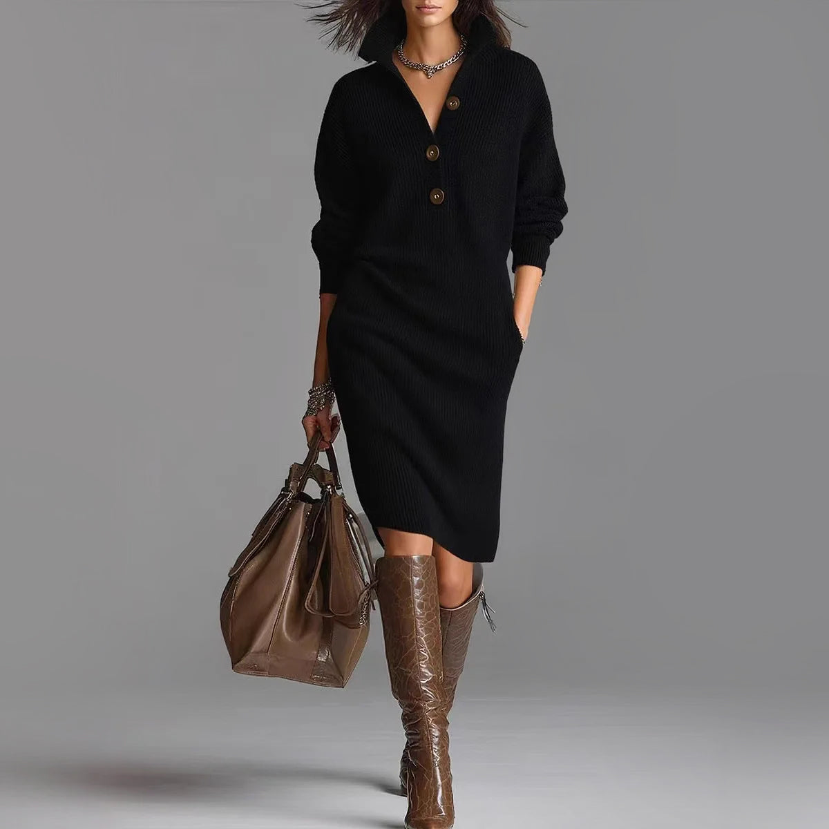 Lacey | Slim Fit Ribbed Collared Midi-Length Sweater Dress - Black