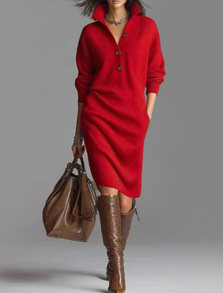 Lacey | Slim Fit Ribbed Collared Midi-Length Sweater Dress - Red