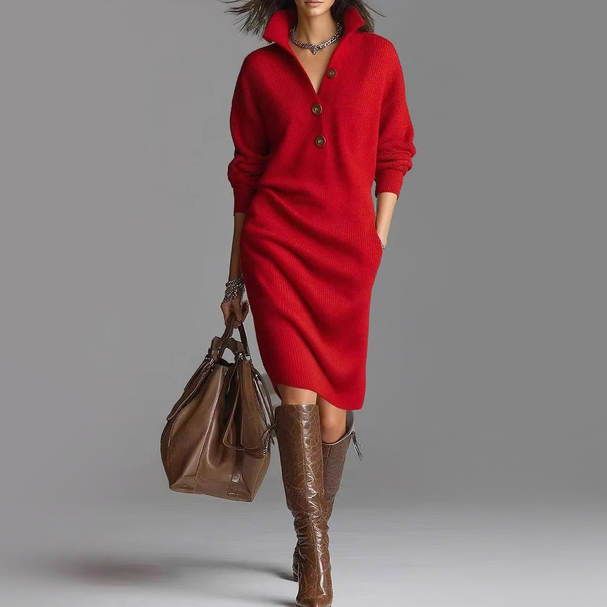 Lacey | Slim Fit Ribbed Collared Midi-Length Sweater Dress - Red