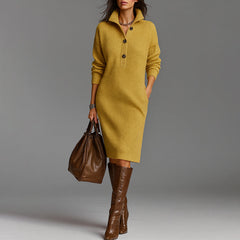 Lacey | Slim Fit Ribbed Collared Midi-Length Sweater Dress - Yellow