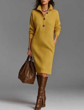 Lacey | Slim Fit Ribbed Collared Midi-Length Sweater Dress - Yellow