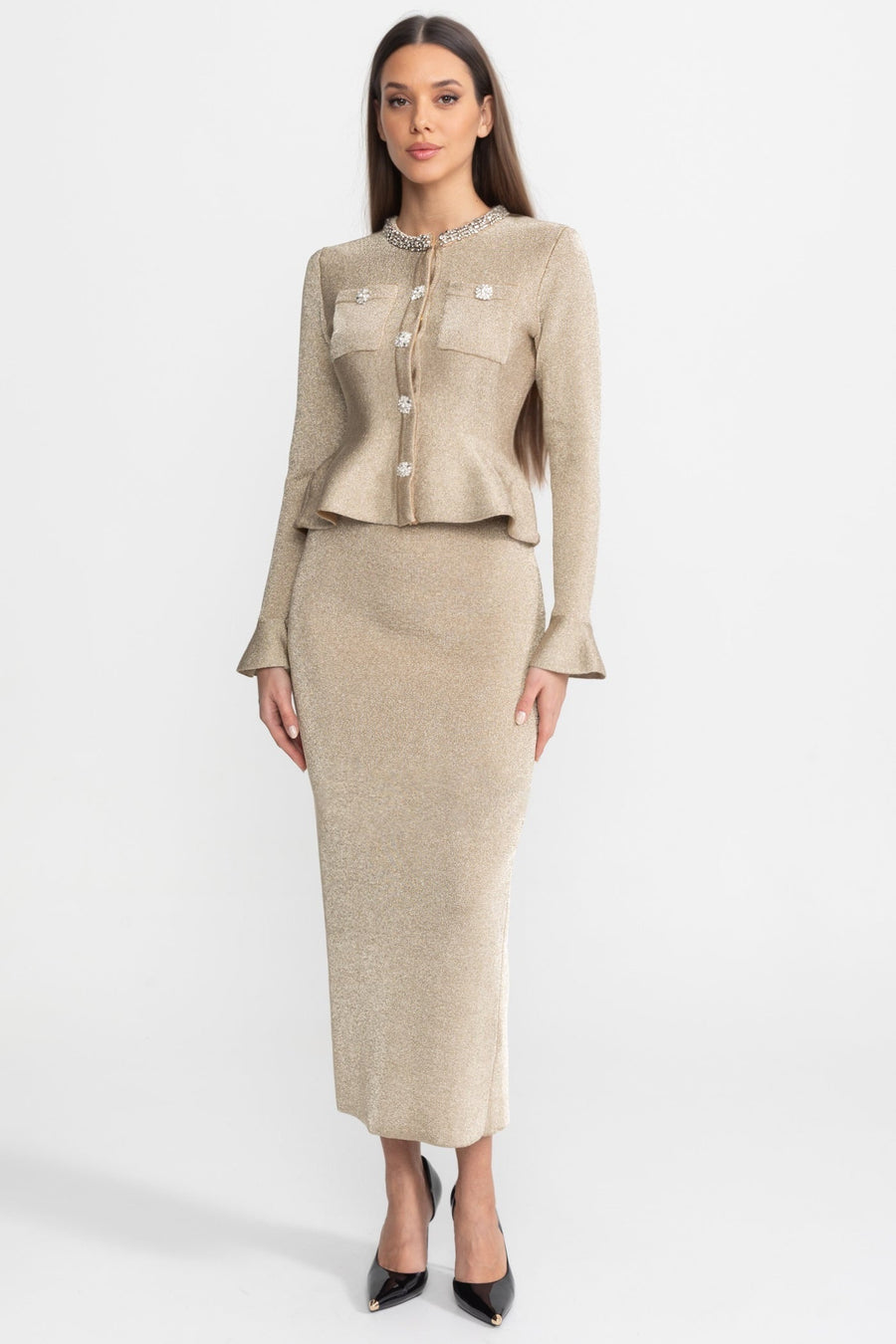 Abigail | Women's Shimmer Knit Peplum Two-Piece Co-Ord with Crystal Detail