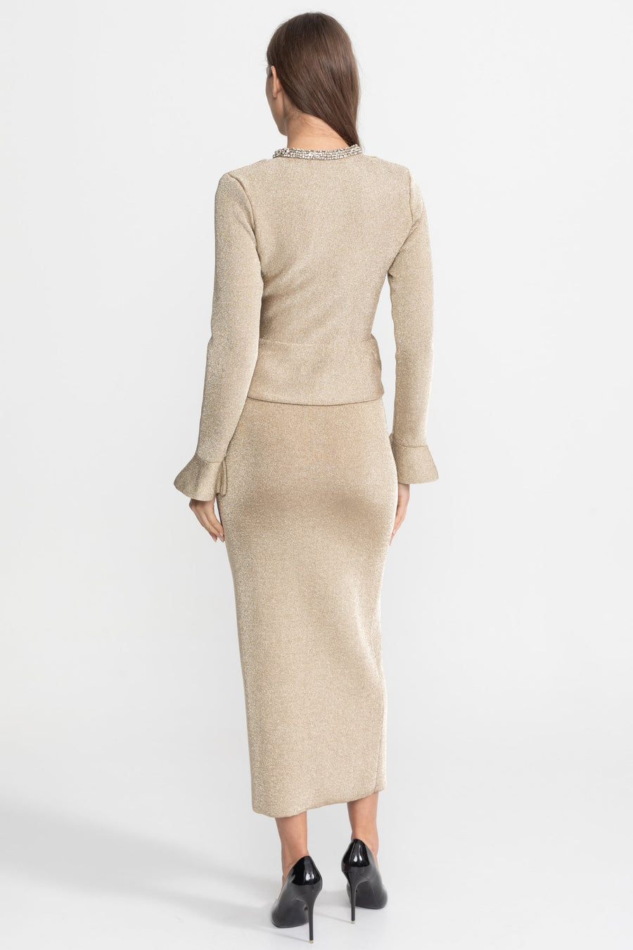 Abigail | Women's Shimmer Knit Peplum Two-Piece Co-Ord with Crystal Detail