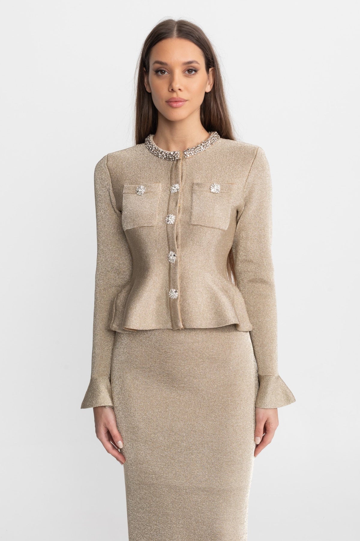 Abigail | Women's Shimmer Knit Peplum Two-Piece Co-Ord with Crystal Detail