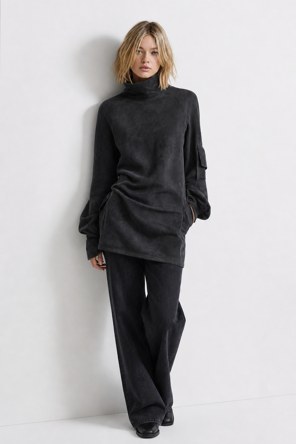 Amelia | Women's Oversized Turtleneck Suede Mini Dress with Cargo Pockets