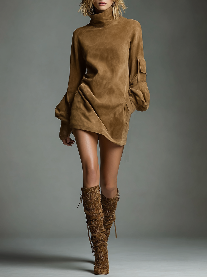 Amelia | Women's Oversized Turtleneck Suede Mini Dress with Cargo Pockets