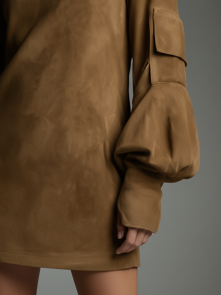Amelia | Women's Oversized Turtleneck Suede Mini Dress with Cargo Pockets