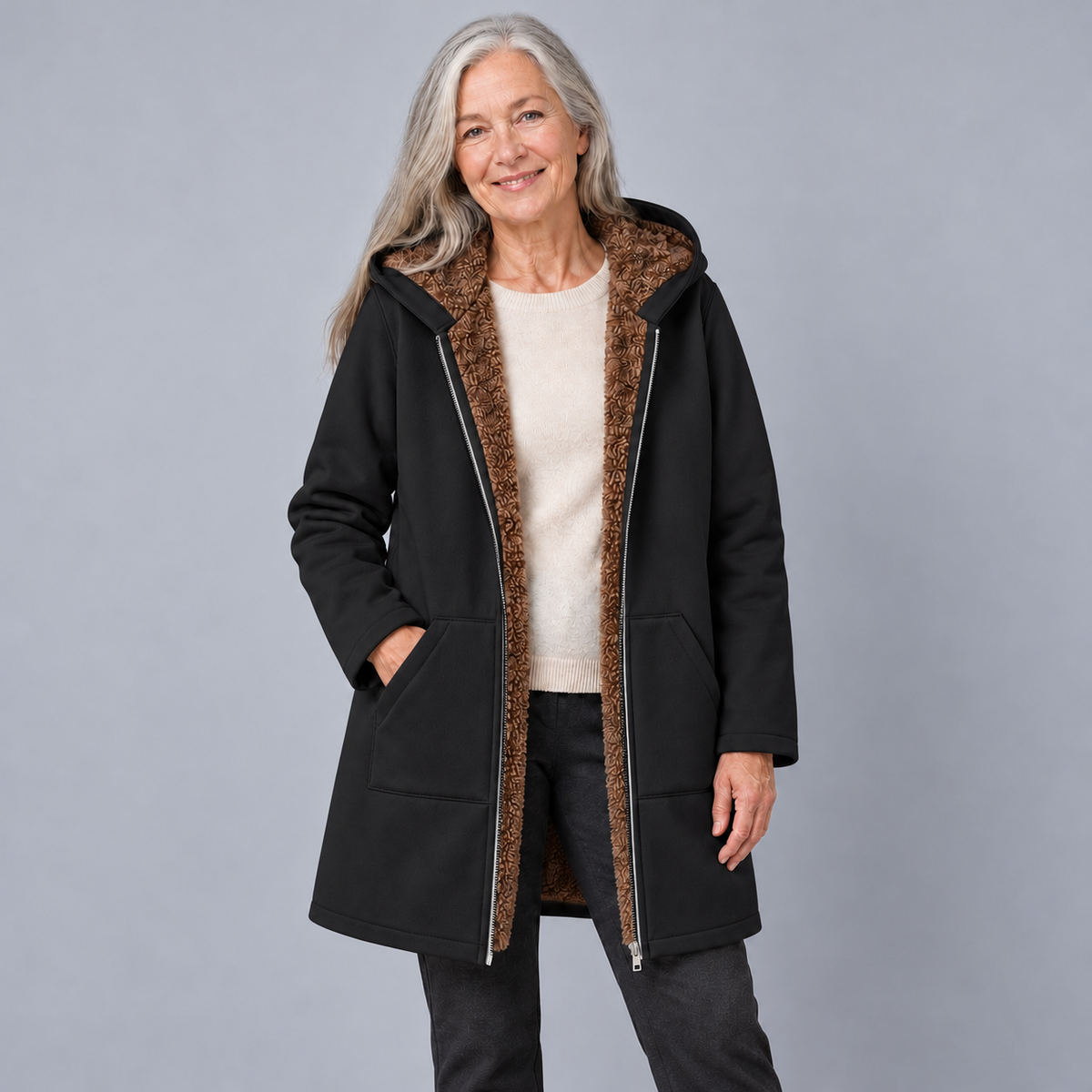 Evelyn | Cozy Lined Hooded Coat - Black
