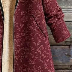 Rosemary | Fleece-Lined Floral Hooded Coat - Burgundy