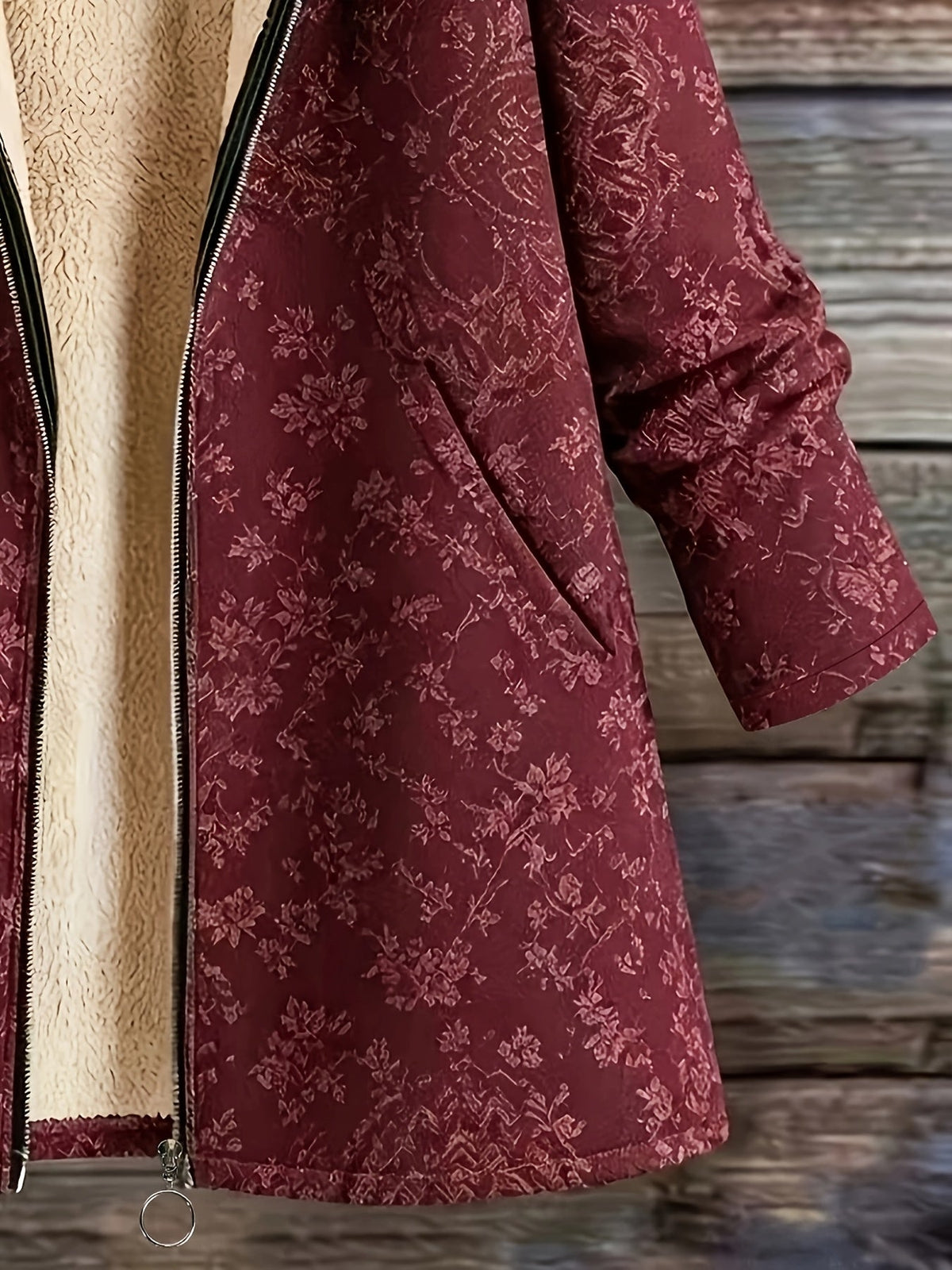Rosemary | Fleece-Lined Floral Hooded Coat - Burgundy