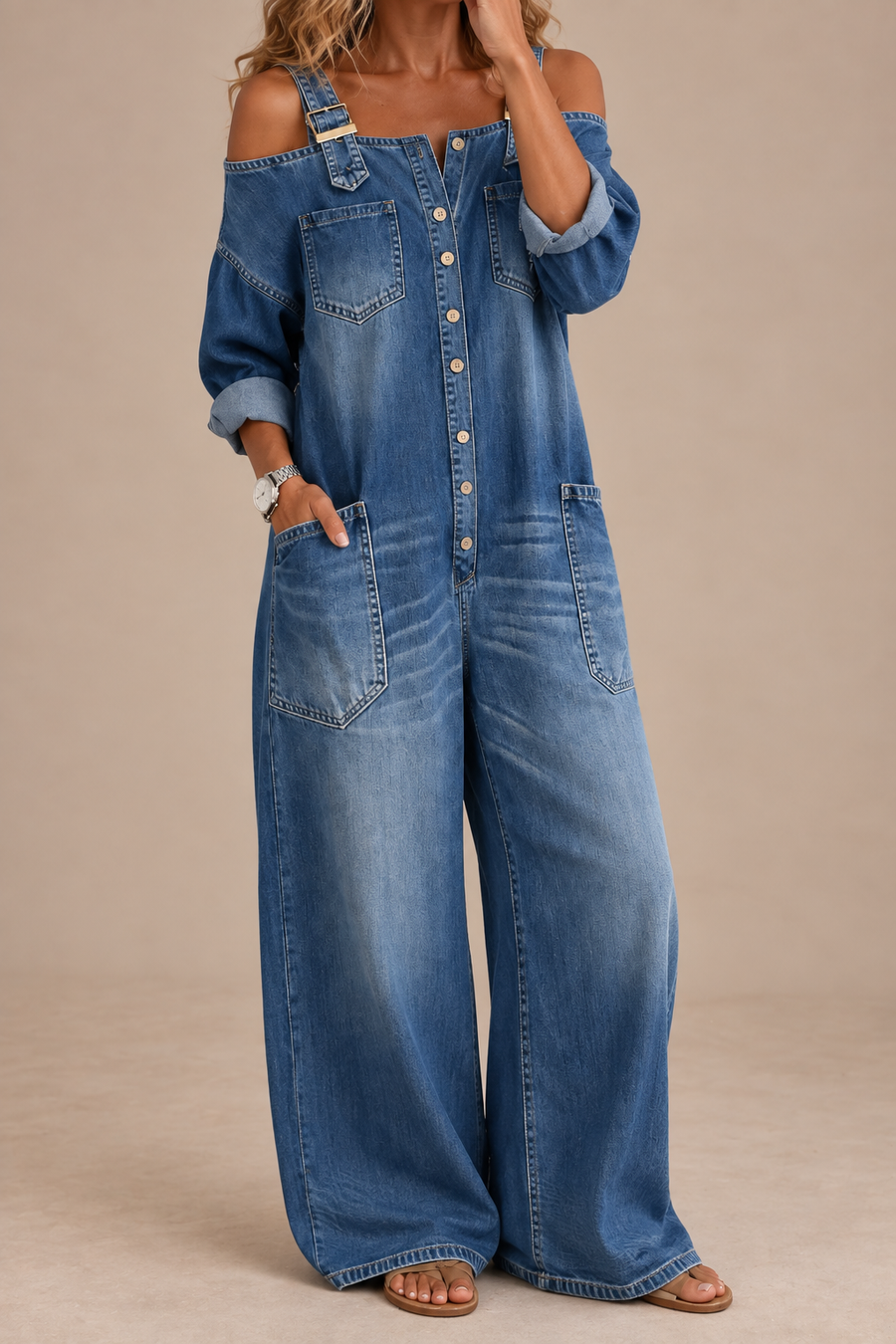 Stephanie | Off Shoulder Printed Denim Jumpsuit